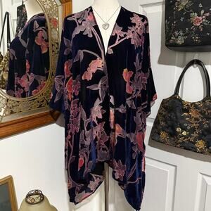 NWT Woven Heart Dark Blue Velvet & Red Floral Burnout Whimsy Kimono Cardigan OS